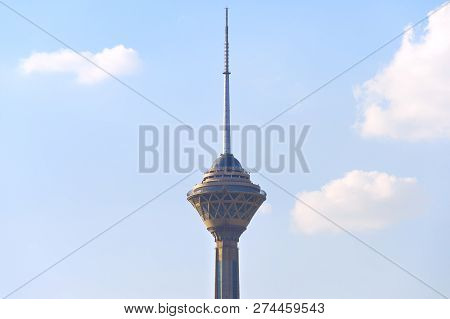 Milad Tower With Blue Sky And Clouds In The Dayime. Tehran, Iran