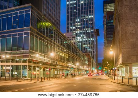 Evening Cityscape With Car Traffic On Illuminated Street Of Frankfurt Am Main In Dowmtown, Germany
