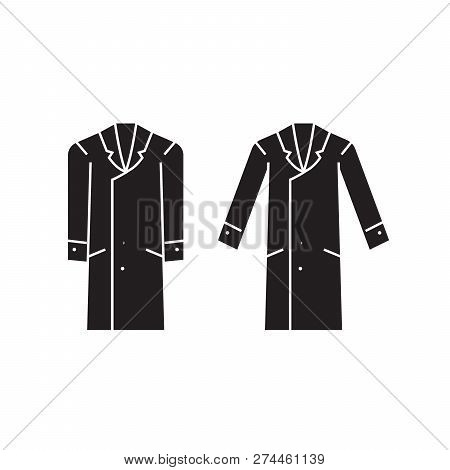 Men Overcoat Black Vector Concept Icon. Men Overcoat Flat Illustration, Sign
