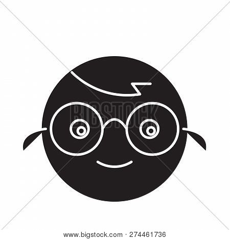 Nerdy Emoji Black Vector Concept Icon. Nerdy Emoji Flat Illustration, Sign