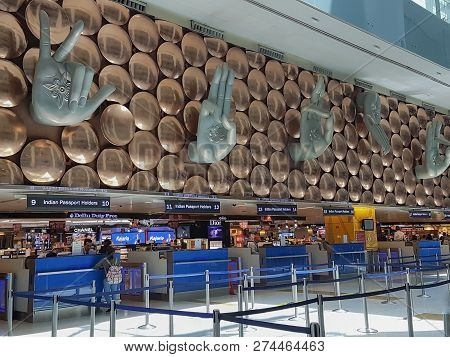 New Delhi, India - April 8, 2017: Beautiful Decoration Of Passenger Arrival Check-in Counters At Ind