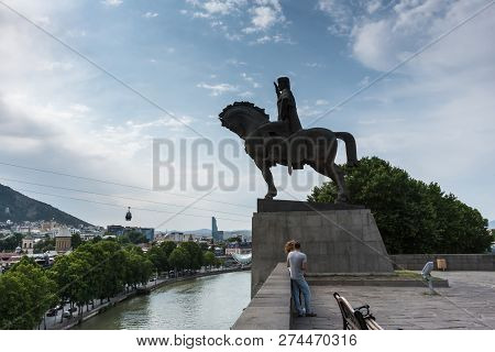 Tbilisi, Georgia - July 5, 2018: Monument To Vakhtang I Gorgasali Near Metekhi Church Of The Dormiti