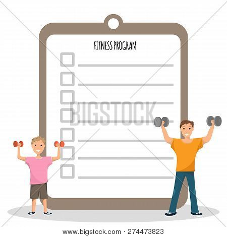 Happy Father And Son Workout Doing Fitness Program. Banner Image Smiling Man And Child Do Sport. Rai