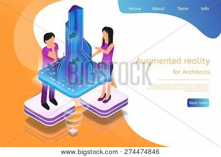 Isometric Banner Augmented Reality For Architects. Vector Illustration Man And Woman Working Archite