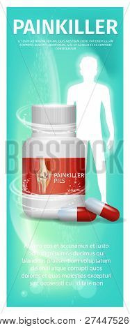 Banner Advertisement Packaging Painkiller Pils. 3d Vector Illustration Infographic Medication Lying 