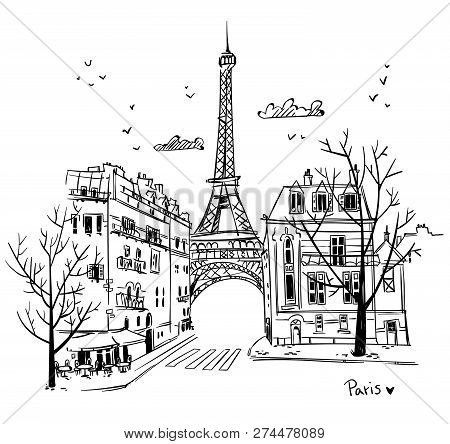 Streets Of Paris Sketch, Vector Illustration, Hand Drawn