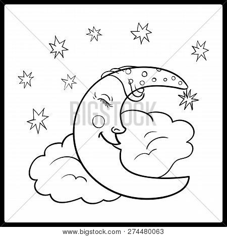 Moon, A Graphical Outline. Moon Sleeping On A Cloud With Stars In The Night Sky. Vector Illustration