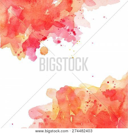 Abstract Spots Coral Watercolor On White Background. The Color Splashing In The Paper. It Is A Hand 