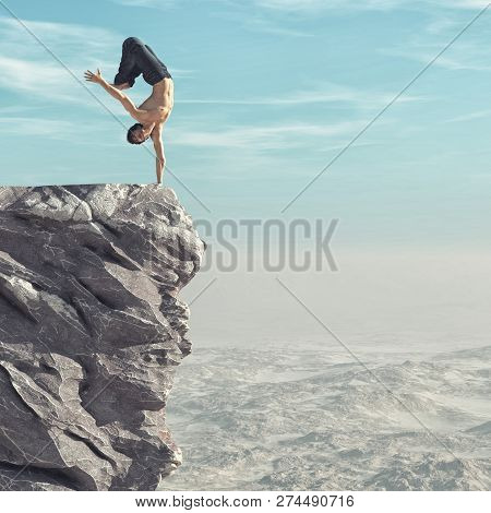 The Sportman Makes Exercises At The Top Of The Mountaint.  This Is A 3d Render Illustration