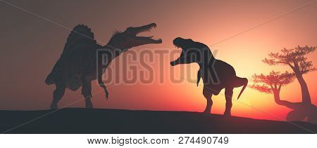 Tyrannosaurus Rex In The Jungle At Sunset. This Is A 3d Render Illustration