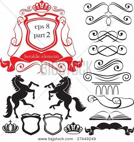 ชุด heraldic silhouettes องค์ประกอบ - ไอคอน blazon มงกุฎ พอ เลื่อน สมุด คอลัมน์ ม้า