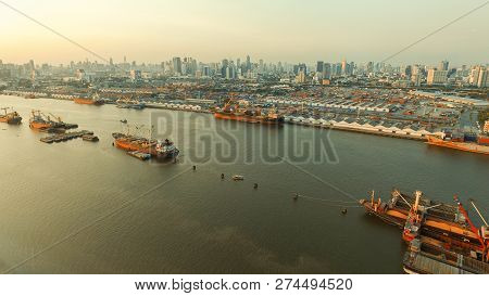 Aerial View Of Chaopraya River And Shipping Port In Bangkok Thailand