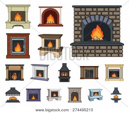 Different Kinds Of Fireplaces Cartoon Icons In Set Collection For Design.fireplaces Construction Vec