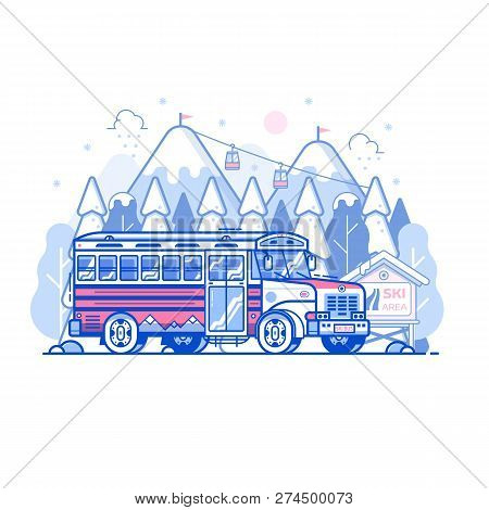 Ski Resort Shuttle Bus And Snowy Mountain Peaks With Funicular In Line Art. Winter Sport Center Hote