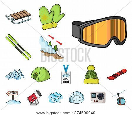 Ski Resort And Equipment Cartoon Icons In Set Collection For Design. Entertainment And Recreation Ve