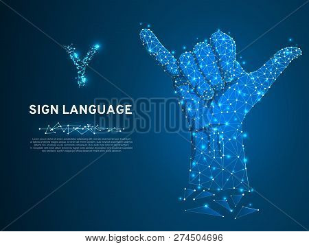 Sign Language Y Letter, Two Fingers Pointing Up, Hand Showing Yes Gesture, Polygonal Low Poly. Deaf 