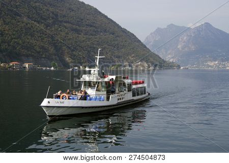 ISEO LAKE, ITALY, 20 OCTOBER, 2018: Touristic ship on Iseo Lake, Italy, Europe
