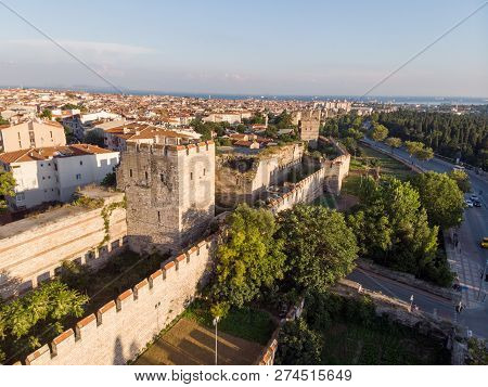 Aerial Drone View Of Ancient Constantinople's Walls In Istanbul / Byzantine Constantinople Entrance 