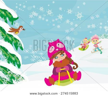 Fun In The Winter Day , Vector Illustration