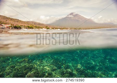 Scenic View Of Agung Volcano From Amed Beach, Bali, Indonesia