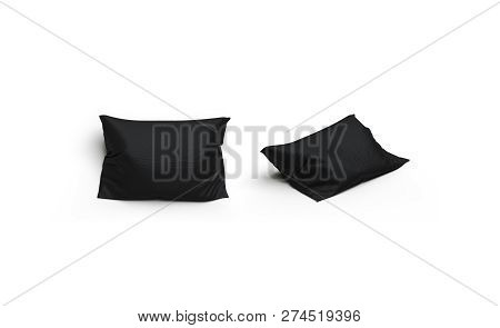 Blank Black Pillow Mockup Set, Front And Side View, Isolated, 3d Rendering. Empty Soft Shell For Pil
