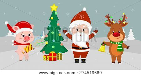 Santa Claus Is Standing With Arms Raised Near The Christmas Tree With Gifts. A Cute Pig With A Clapp