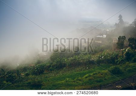 Abandoned And Mysterious Hotel In The Fog In Bedugul. Indonesia. The Island Of Bali