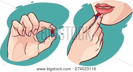 Vector Illustration Of A Woman Taking A Pill / Vitamin