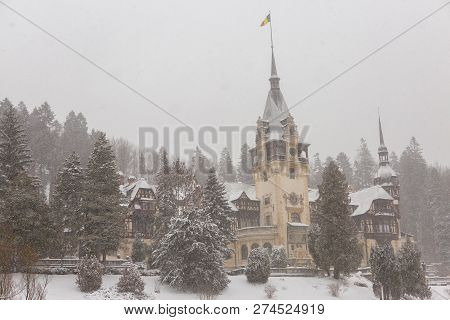Peles Castle In Romania Predeal, Blizzard In Brasov Sinaia