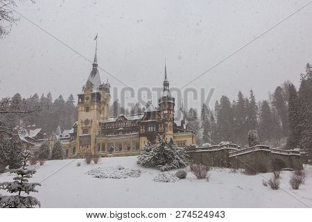 Peles Castle In Romania Predeal, Blizzard In Brasov Sinaia