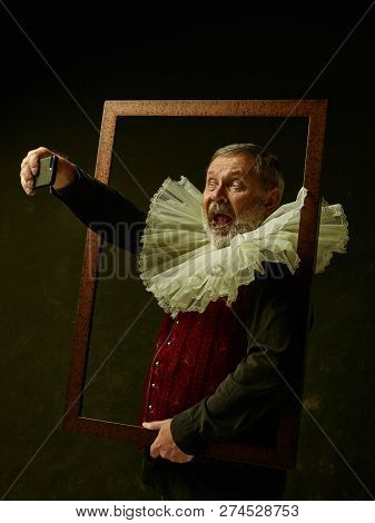 Official Portrait Of Historical Governor Man With Mobile Phone From The Golden Age With Corrugated R