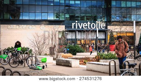 Strasbourg, France - December 28, 2017 - People Walking In Front Of Rivetoile Shopping Center Decora