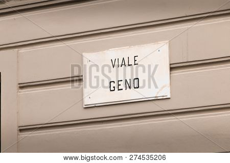 Como, Italy - November 4, 2017: In Italian Street Sign Geno In The City Center