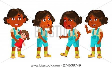 Indian Girl Kindergarten Kid Poses Set Vector. Hindu. Asian. Happy Beautiful Children Character. Pla