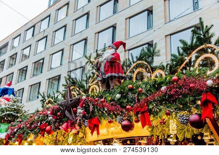 Dresden, Germany - December 14, 2018: View Of The Christmas Decorations, Toys And Scenery Houses On 