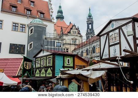 Dresden, Germany - December 14, 2018: View At Medieval Christmas Fair Or Market In Dresden