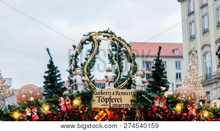 Dresden, Germany - December 14, 2018: View Of The Christmas Decorations, Toys And Scenery Houses On 