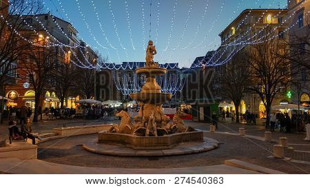 Ancona, Italy - December 12, 2018: Piazza Pertini With Decorations At Christmas Time In Ancona, Marc