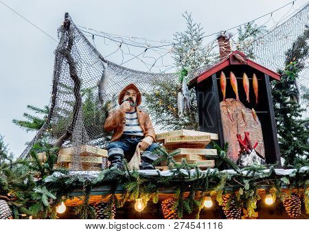 Dresden, Germany - December 14, 2018: View Of The Christmas Decorations, Toys And Scenery Houses On 