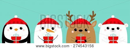 White Bear Snowman Raindeer Deer Penguin Face Head Icon Set. Holding Gift Box. New Year. Merry Chris