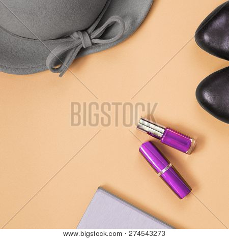 Pair Of Black Shoes Grey Notebook  And Grey Lady Falt Hat  With Bowknot On Edges  And Bright Ultravi