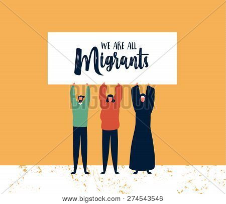 International Migrants Day Background Illustration, Diverse People Group From Different Cultures Hol