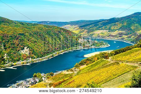 View Of The Upper Middle Rhine Valley With Rheinstein And Reichenstein Castles. Unesco World Heritag
