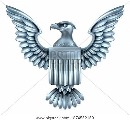 Silver Steel Metal American Eagle Design With Bald Eagle Of The United States With American Flag Shi