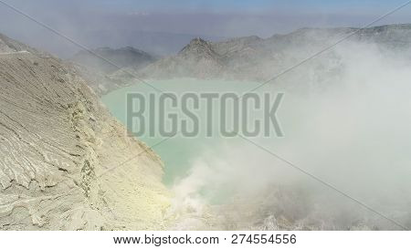 Aerial View Mountain Landscape With Crater Acid Lake Kawah Ijen Where Sulfur Is Mined. Sulfur Gas, S