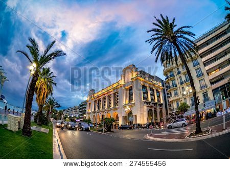 Nice, France - October 10, 2018: Cote D`azur Of Nice, Famous Architecture Of Mediterranee Palace Ill