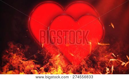 Valentines Day Card With Red Hearts On Isolated Fire Particles Embers Background With Copyspace