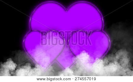 Happy Valentines Day Colorful Hearts Abstract Background. Smoke Misty Fog Texture On Isolated Black 