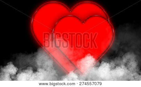 Happy Valentines Day Colorful Hearts Abstract Background. Smoke Misty Fog Texture On Isolated Black 
