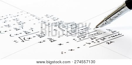 Handwriting Of Mathematics Quadratic Equation Formula On Examination, Practice, Quiz Or Test In Math